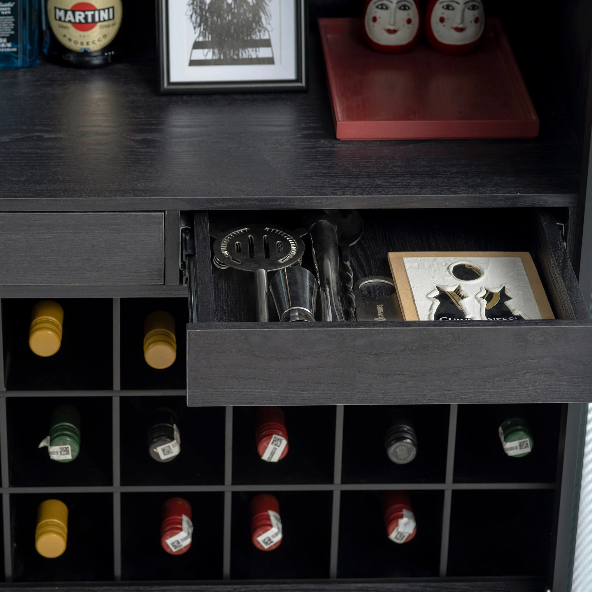 Oslo Home Bar Cabinet - Black Stained Oak Wood/Space Black