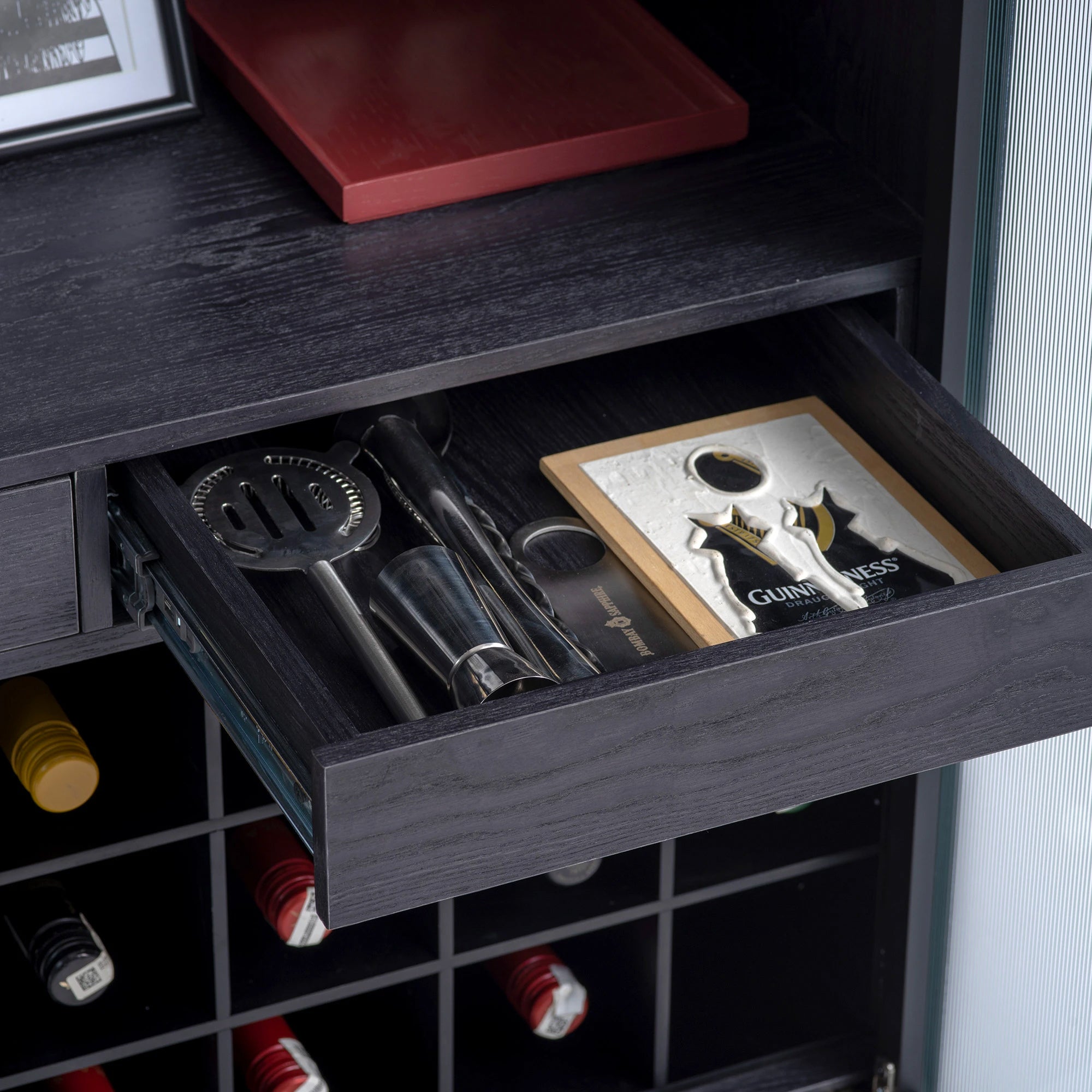 Oslo Home Bar Cabinet - Black Stained Oak Wood/Space Black