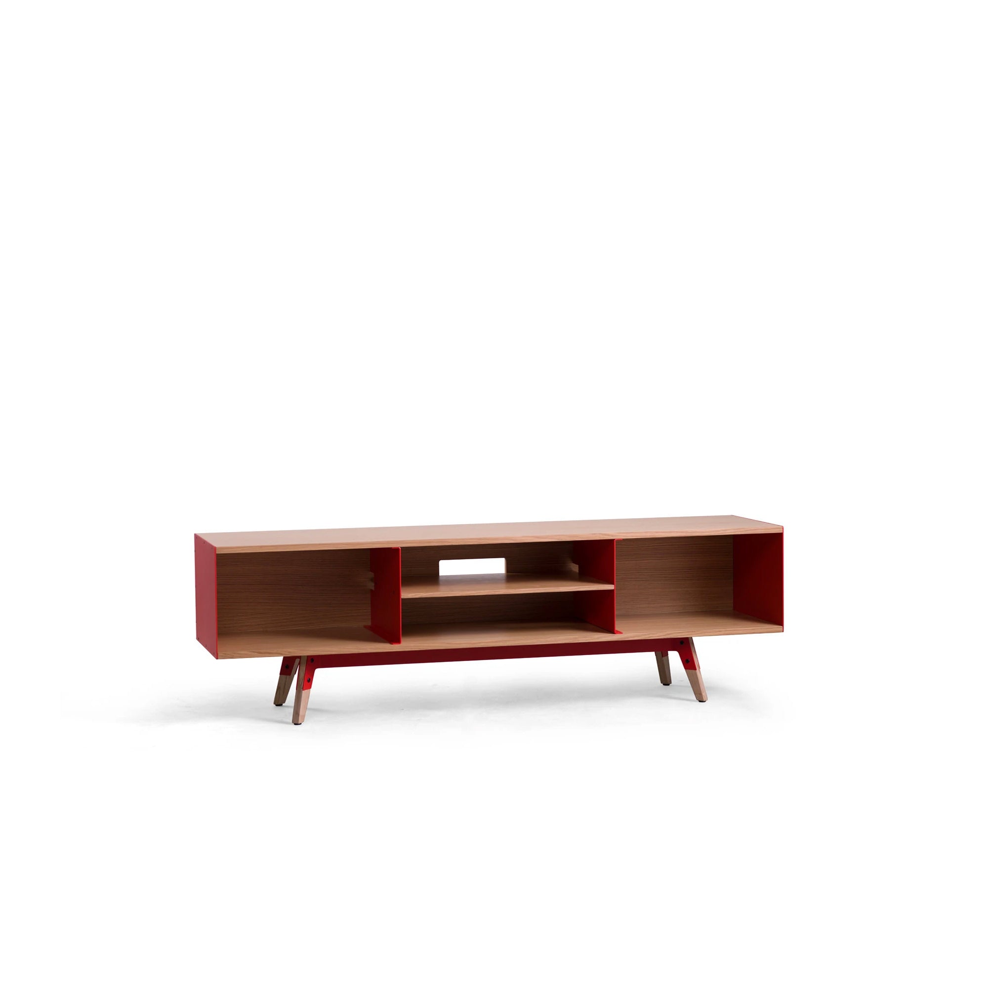 Neo Television Console Table - Natural Oak Veneer / Vermillion Red