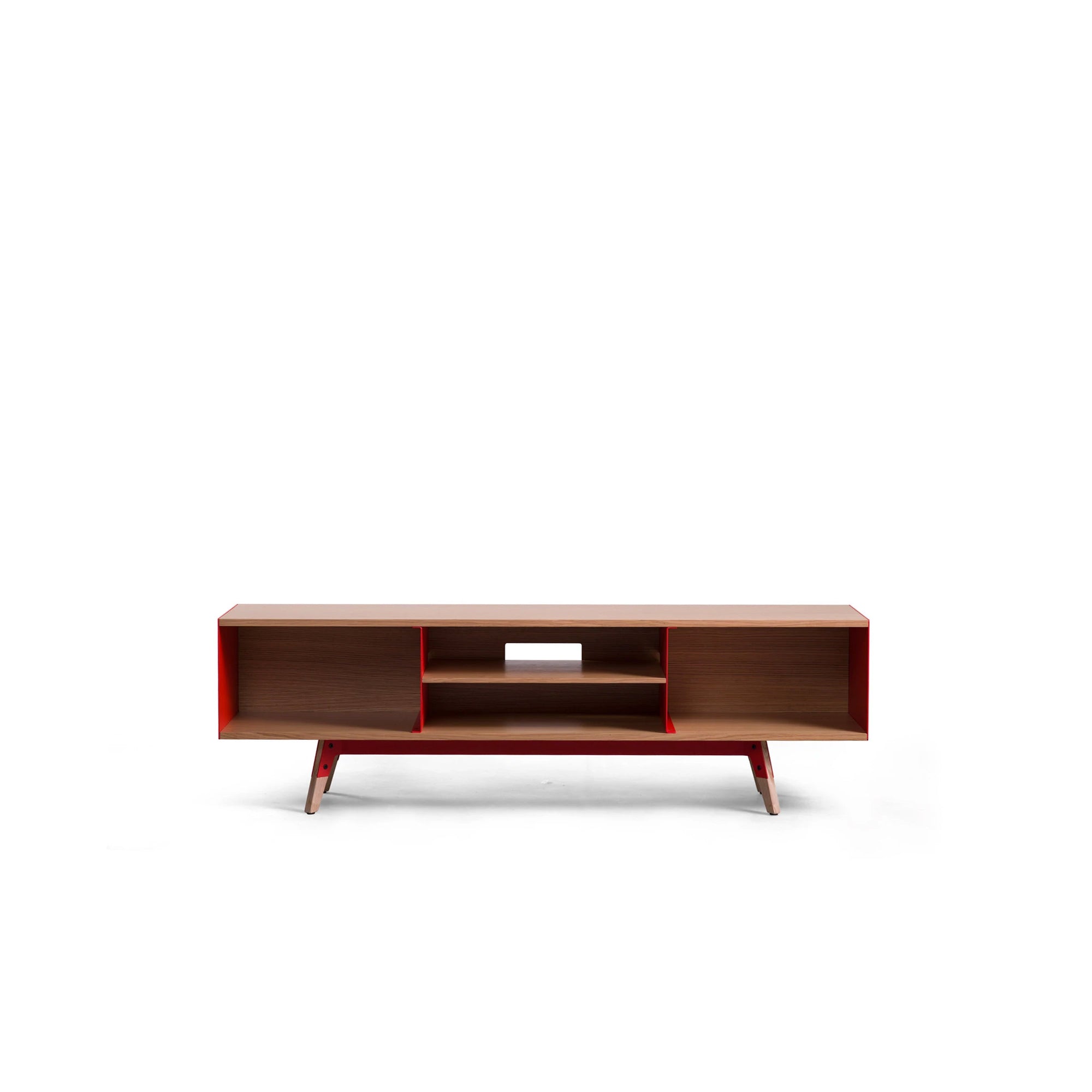 Neo Television Console Table - Natural Oak Veneer / Vermillion Red