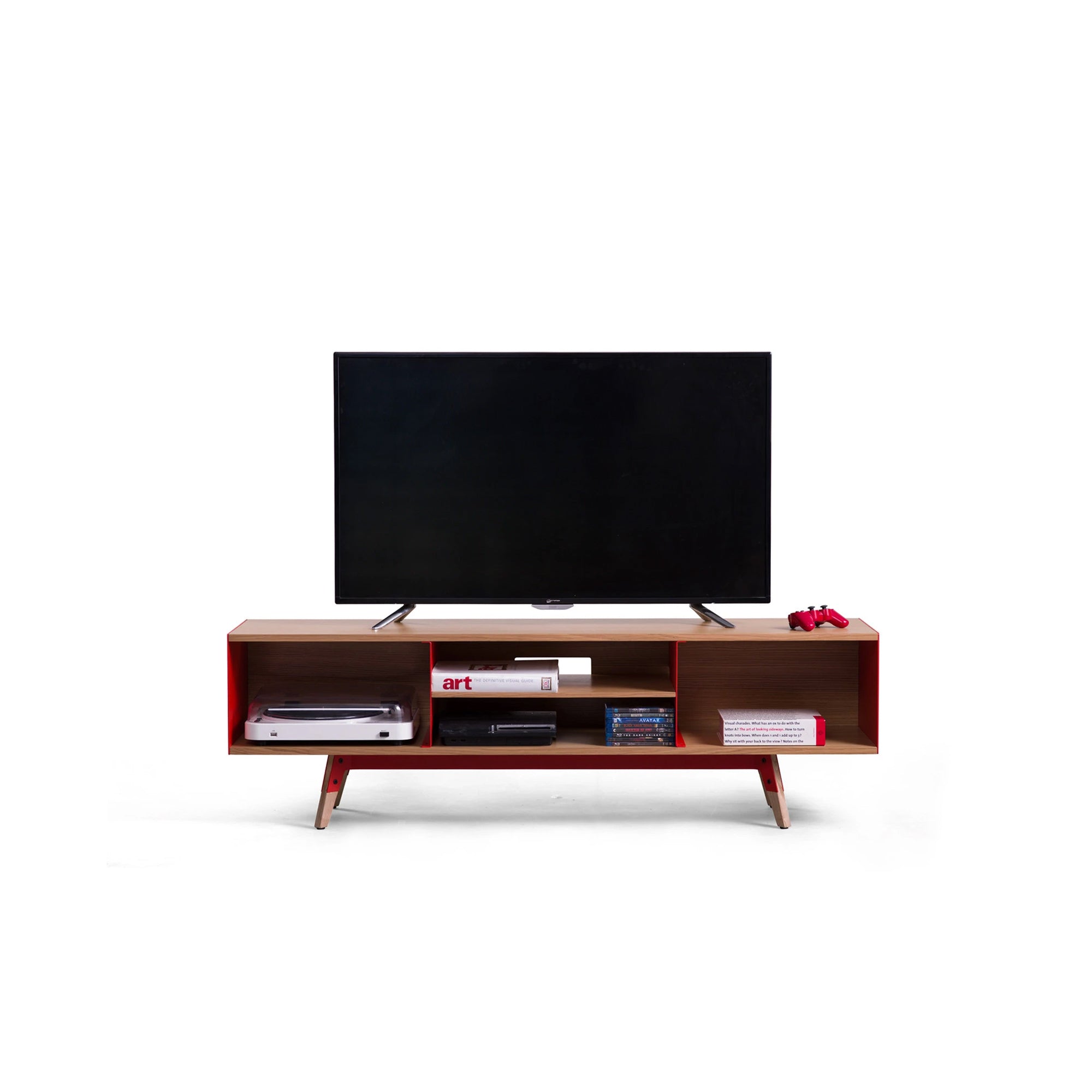 Neo Television Console Table - Natural Oak Veneer / Vermillion Red